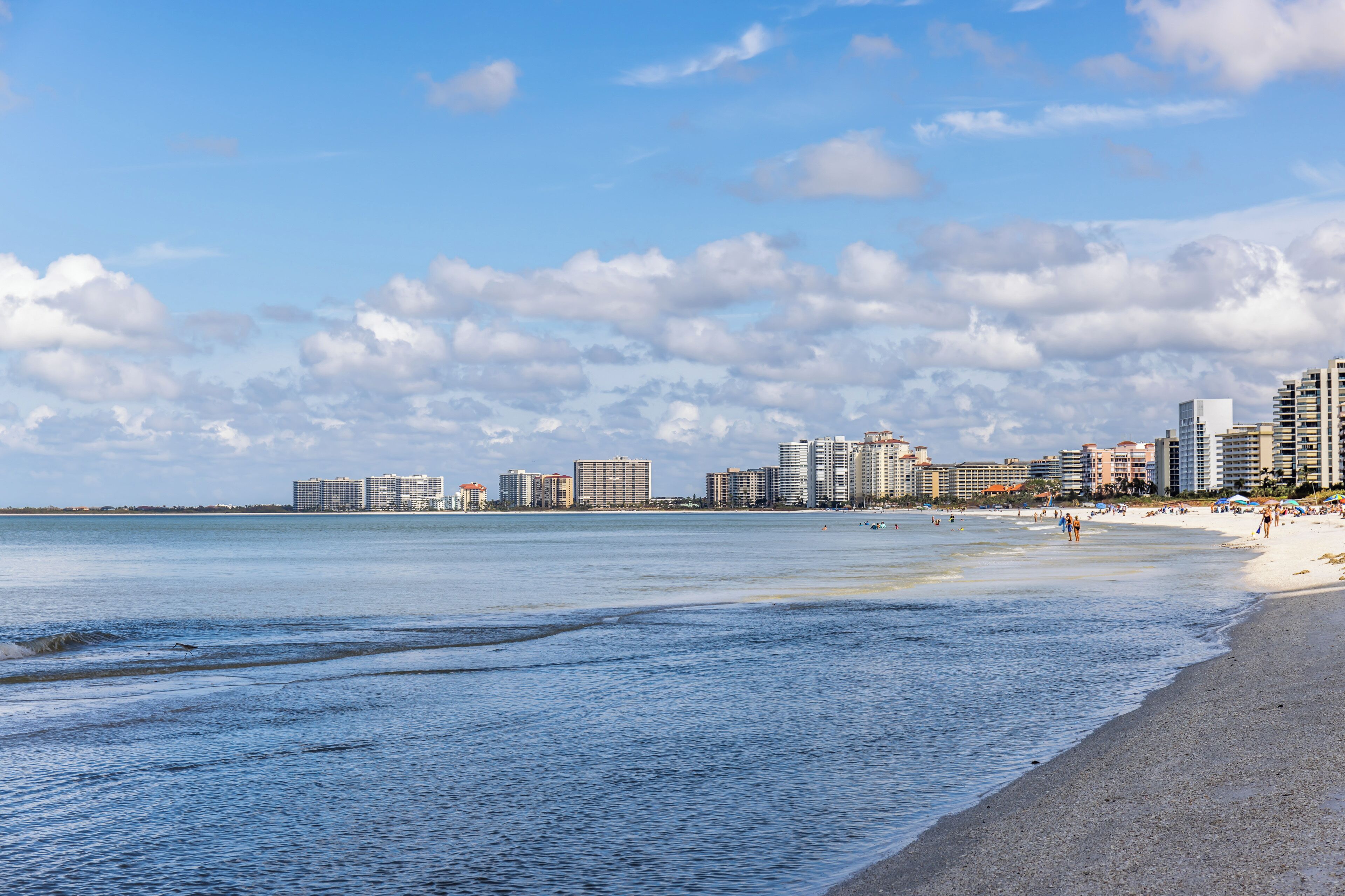A beach with a city skyline in the background.