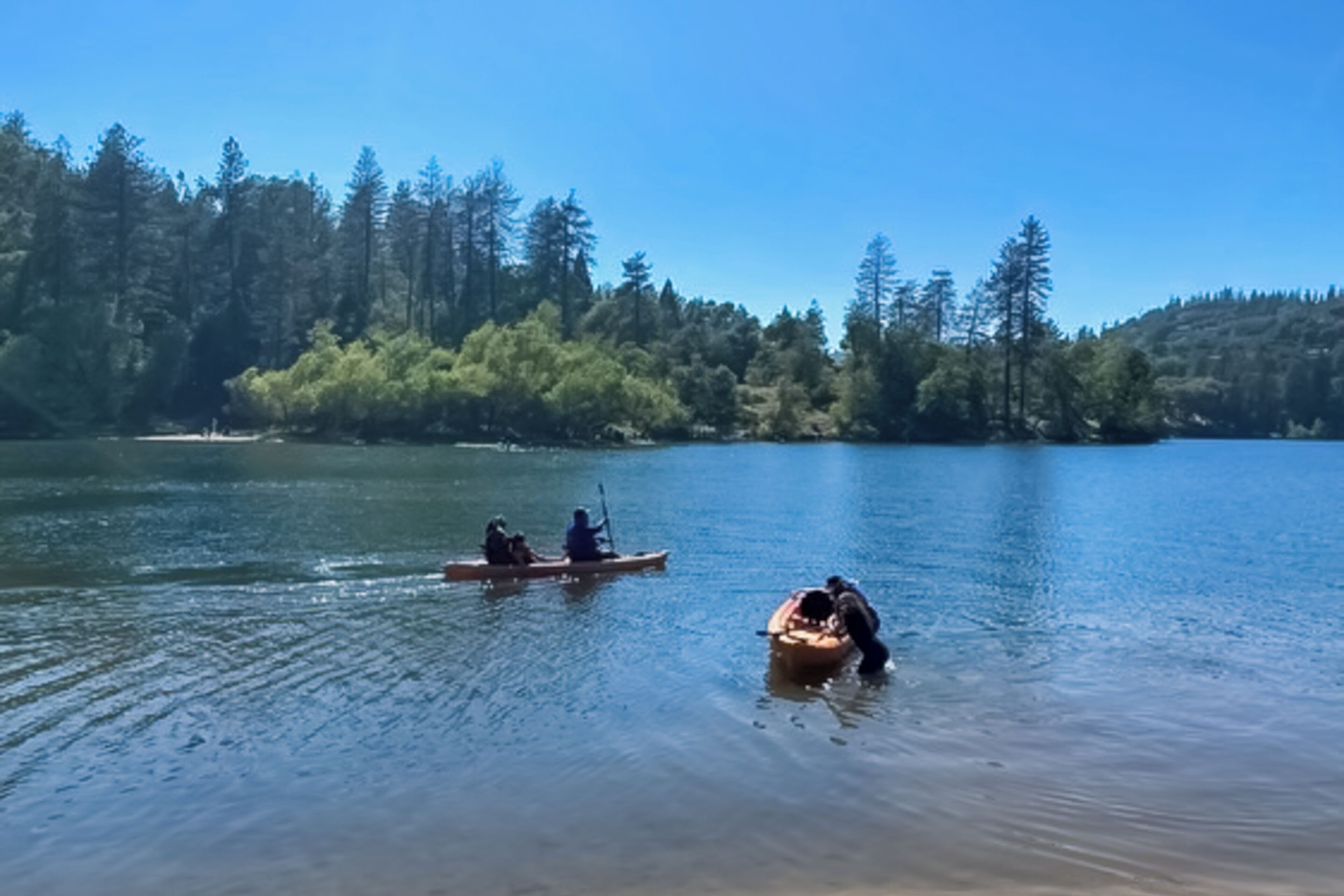 A calm lake with kayaks and a canoe.