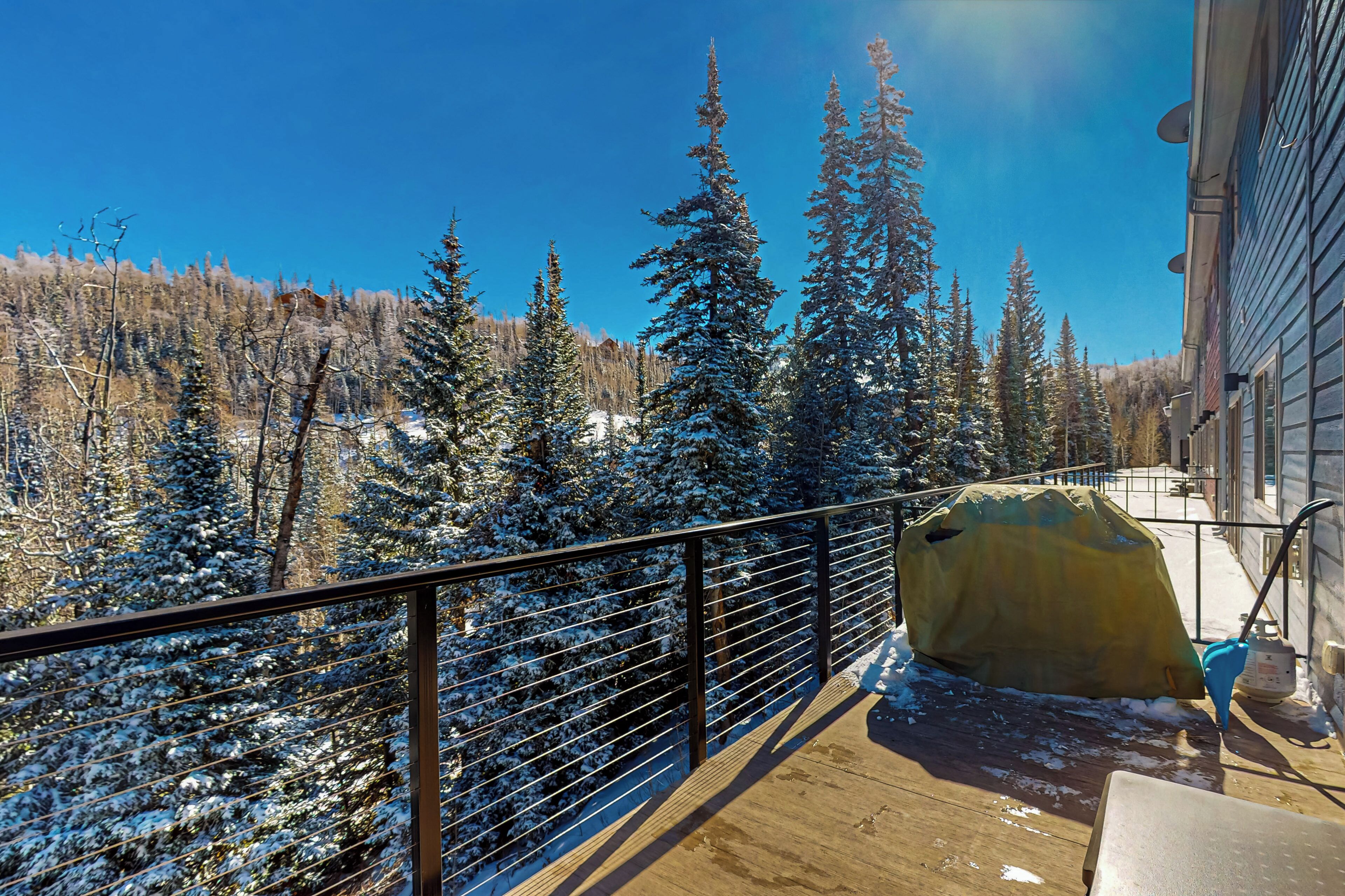 A wooden deck with metal railings overlooking a snowy forest.