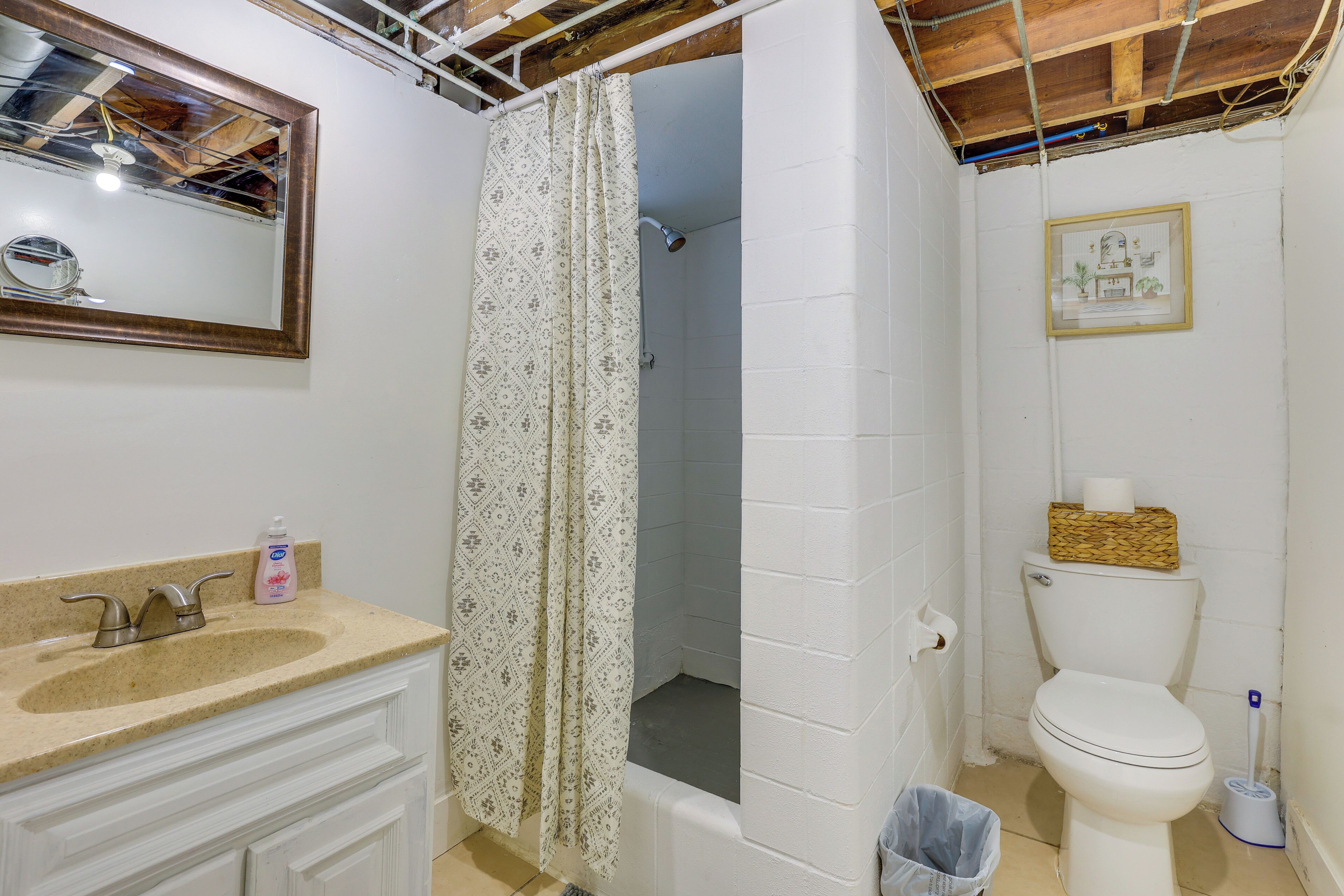 A bathroom with a sink, toilet, shower curtain, and a framed picture on the wall.