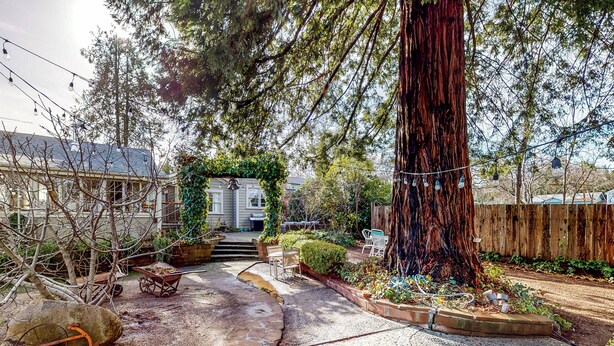 Un chemin de jardin menant à une maison entourée d’une clôture en bois, avec un grand arbre et des guirlandes lumineuses.
