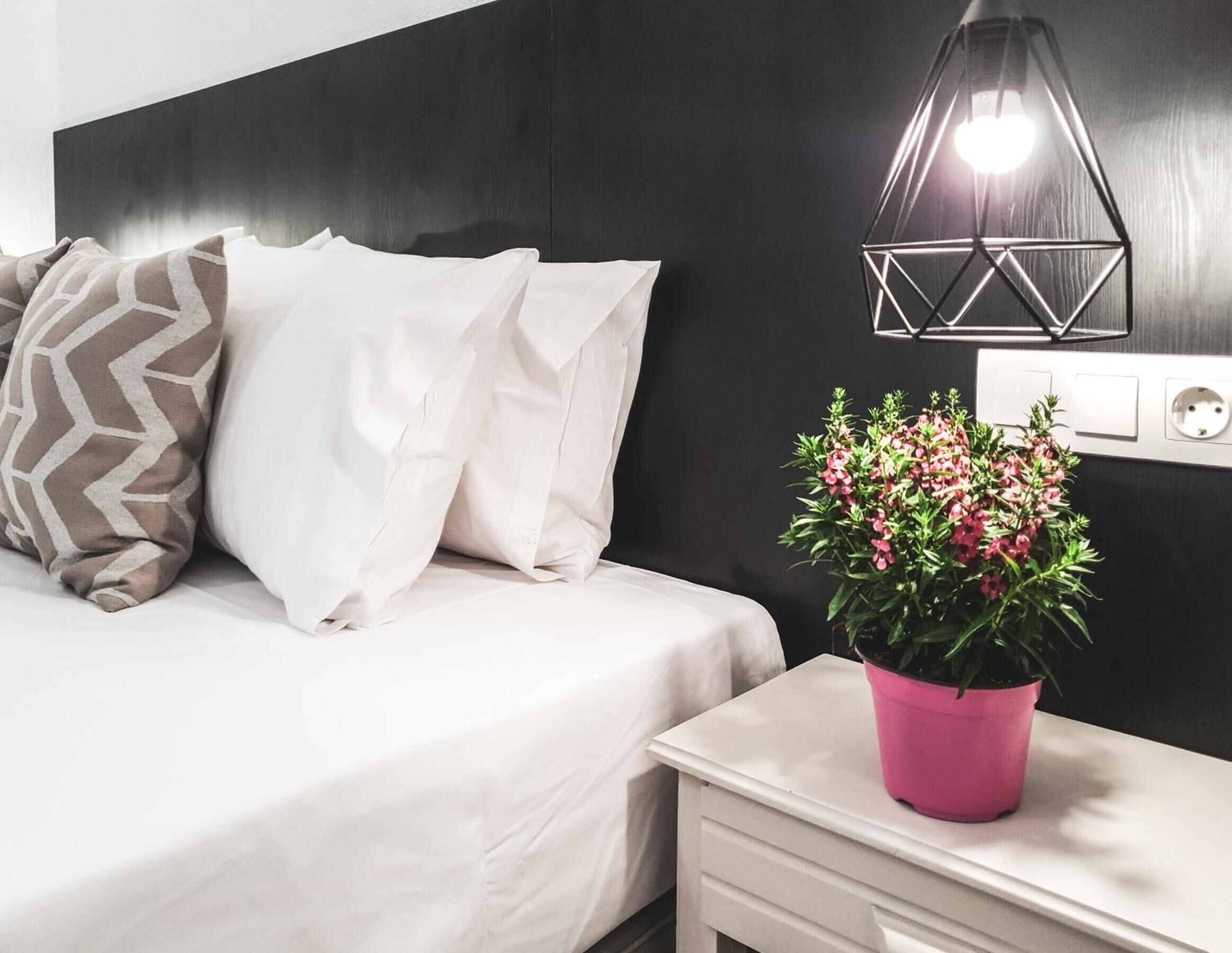 Un lit bien fait, agrémenté d’oreillers blancs et à motifs, une table de chevet avec une plante rose, et une lampe murale moderne.