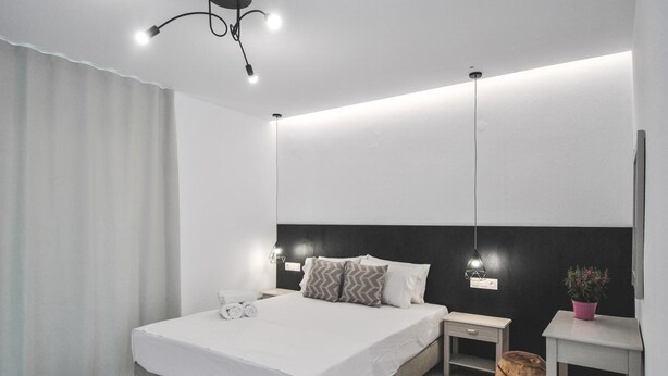 Un dormitorio moderno con una cama grande, mesitas de noche, una mesita auxiliar, una planta en maceta y un taburete de madera.