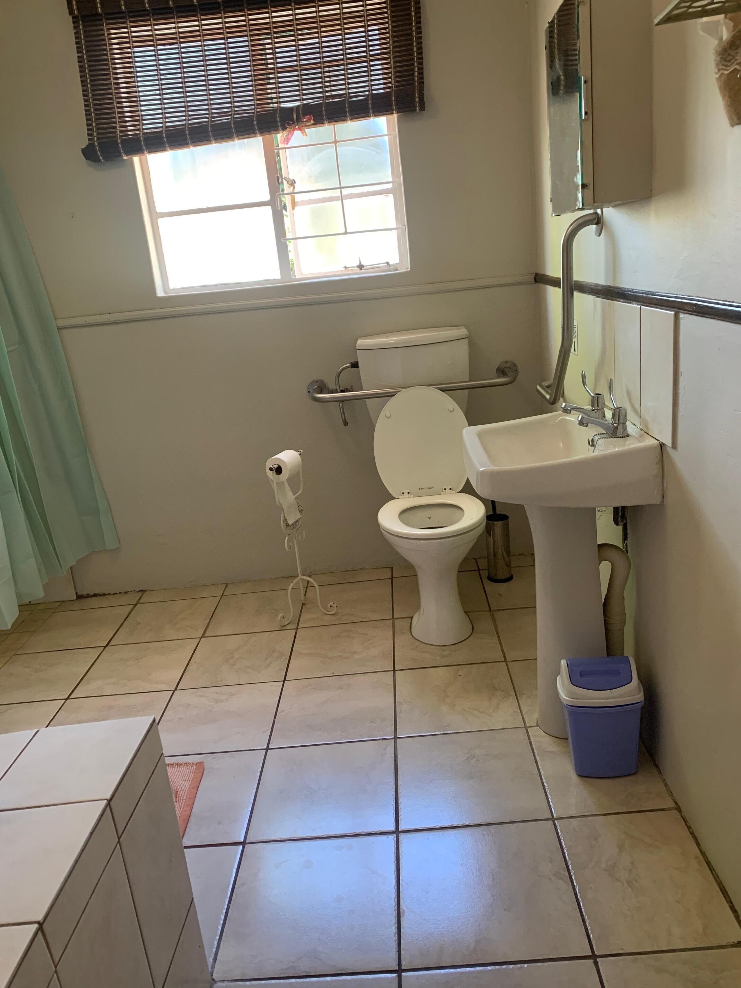 A bathroom with a toilet, sink, and window.