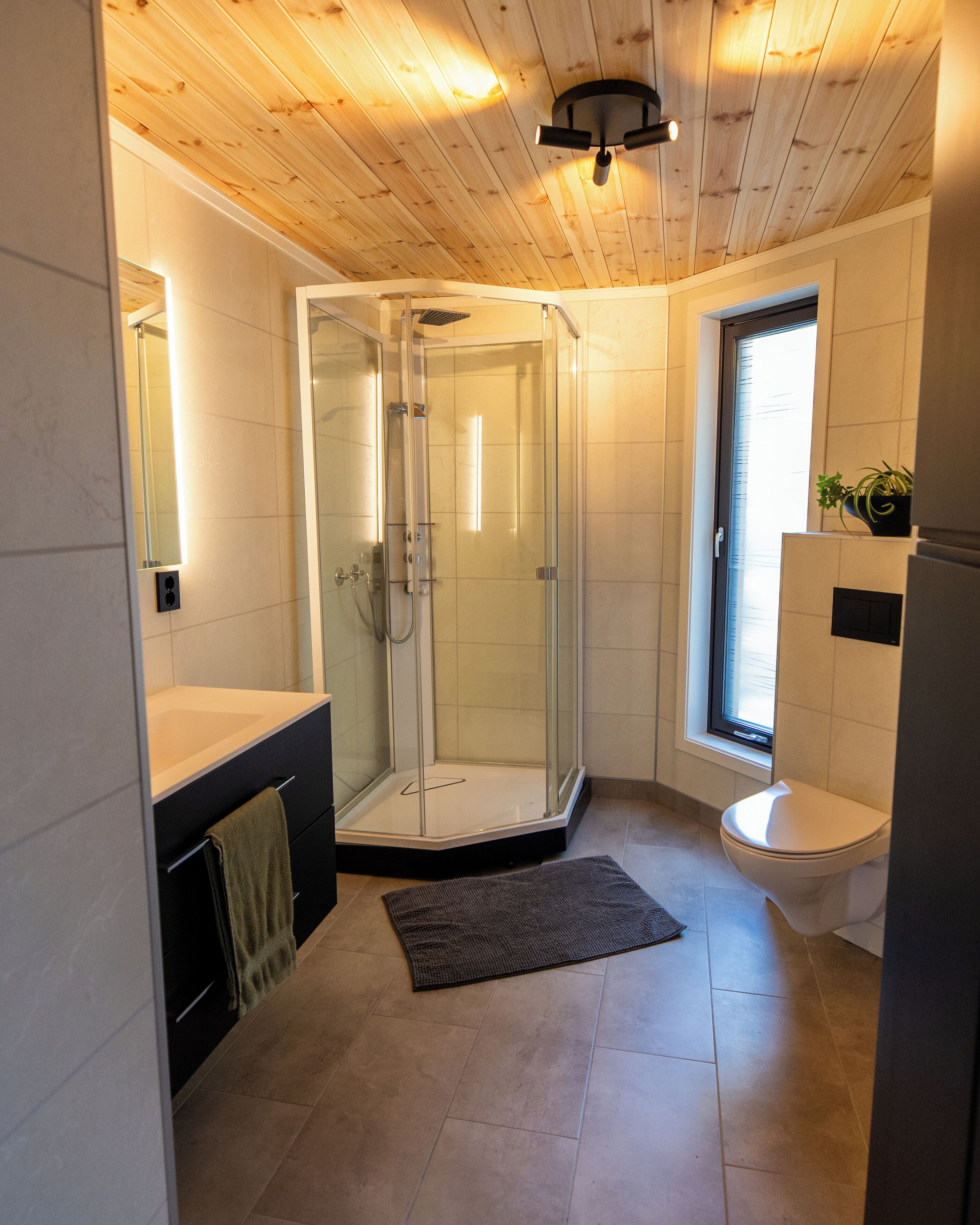 A modern bathroom with a glass-enclosed shower, a toilet, and a sink.