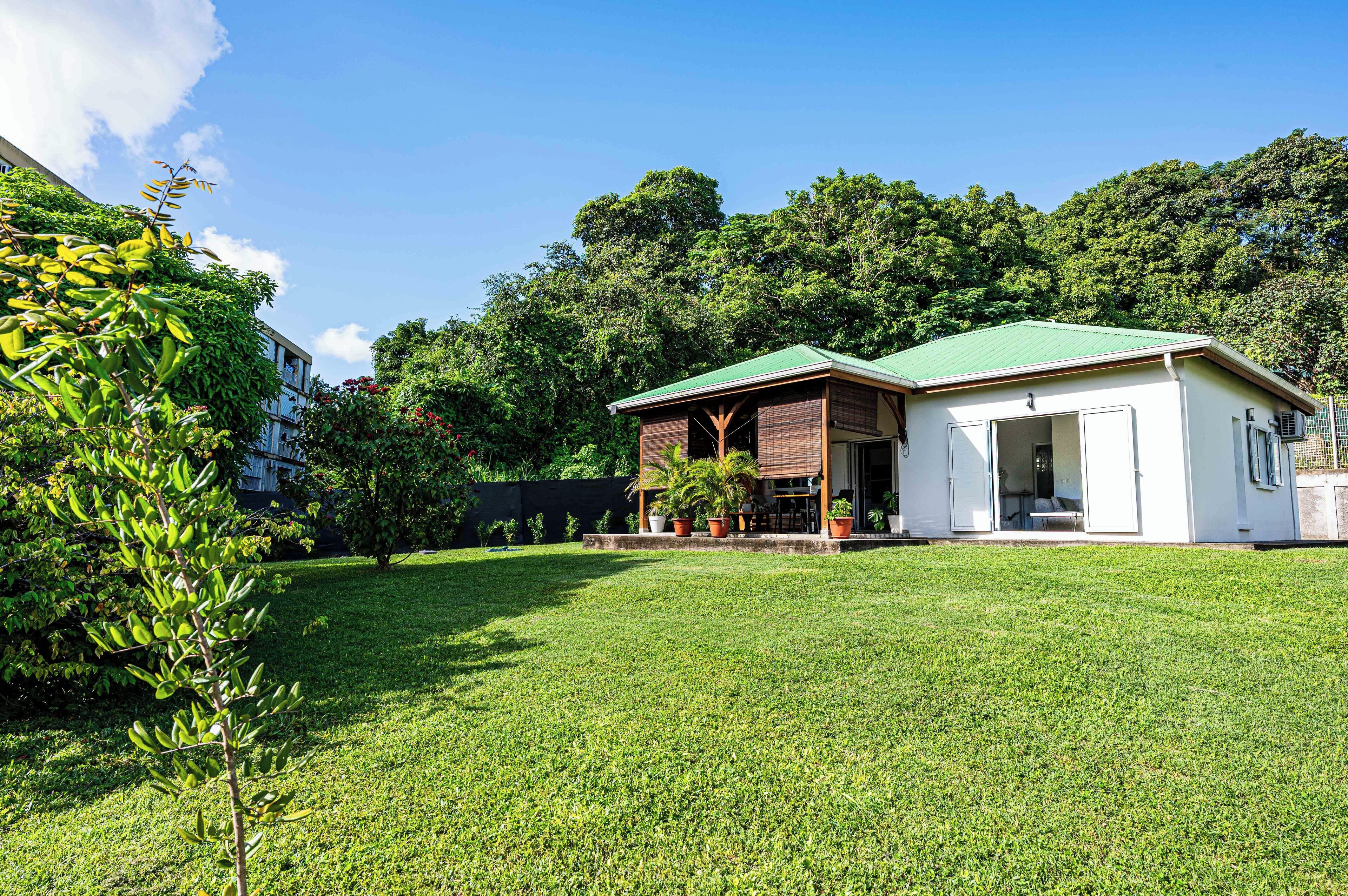 Une maison moderne dotée d’un toit végétalisé, entourée d’une pelouse bien entretenue et d’arbres touffus.