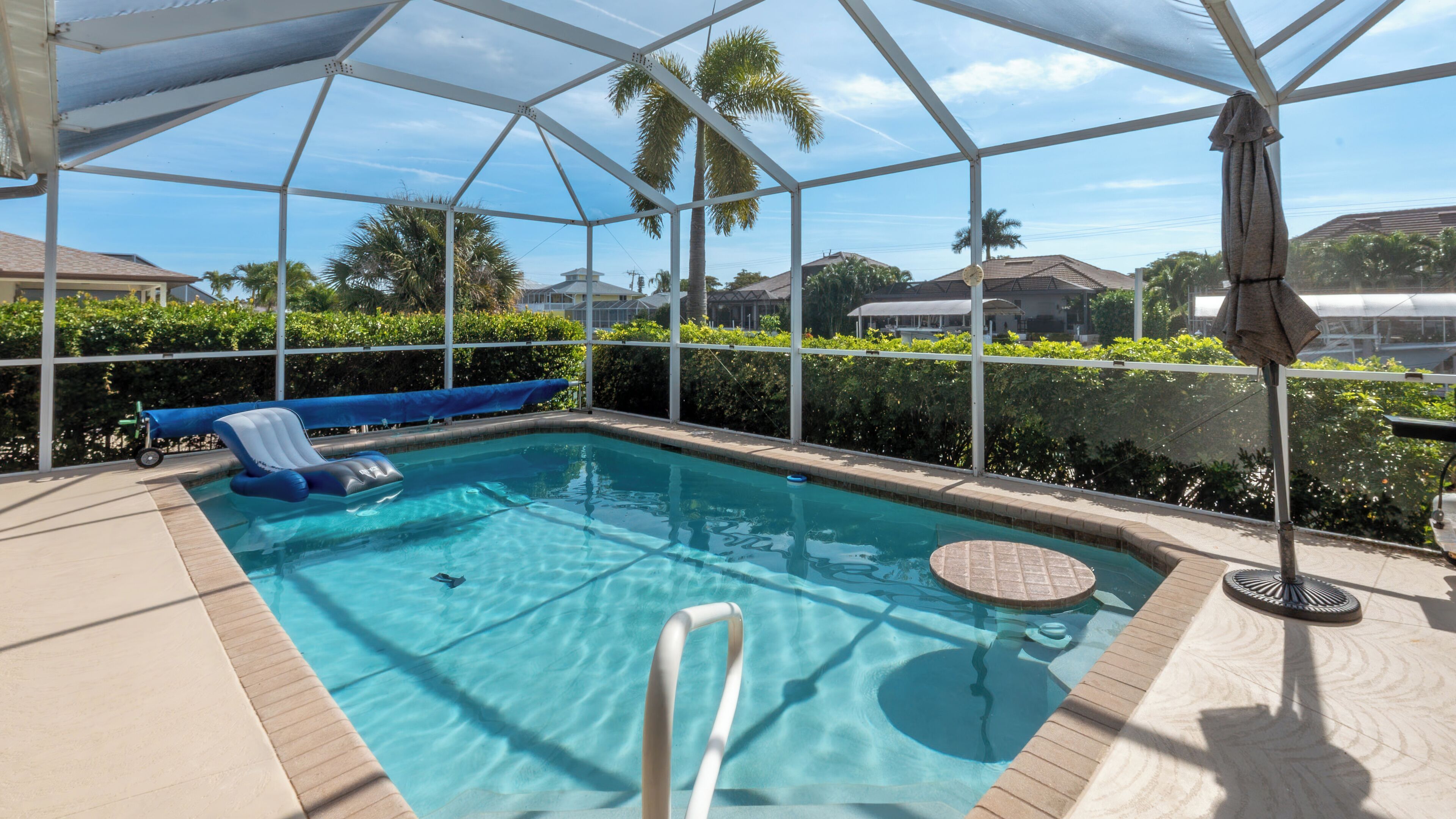 A covered swimming pool with a blue lounge chair, a pool ladder, and a palm tree in the background.