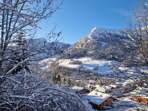Eine verschneite Berglandschaft mit einem Dorf im Tal.