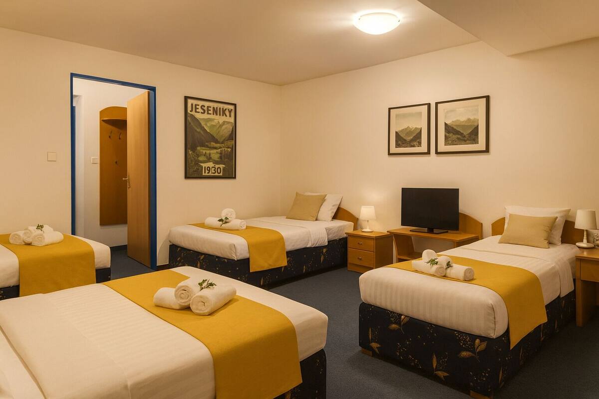 Habitación de hotel con cuatro camas individuales, cada una con cubrecama amarillo y ropa de cama blanca. Se ve un televisor sobre una mesita de noche de madera, una puerta que da a otra habitación y dos cuadros en la pared.