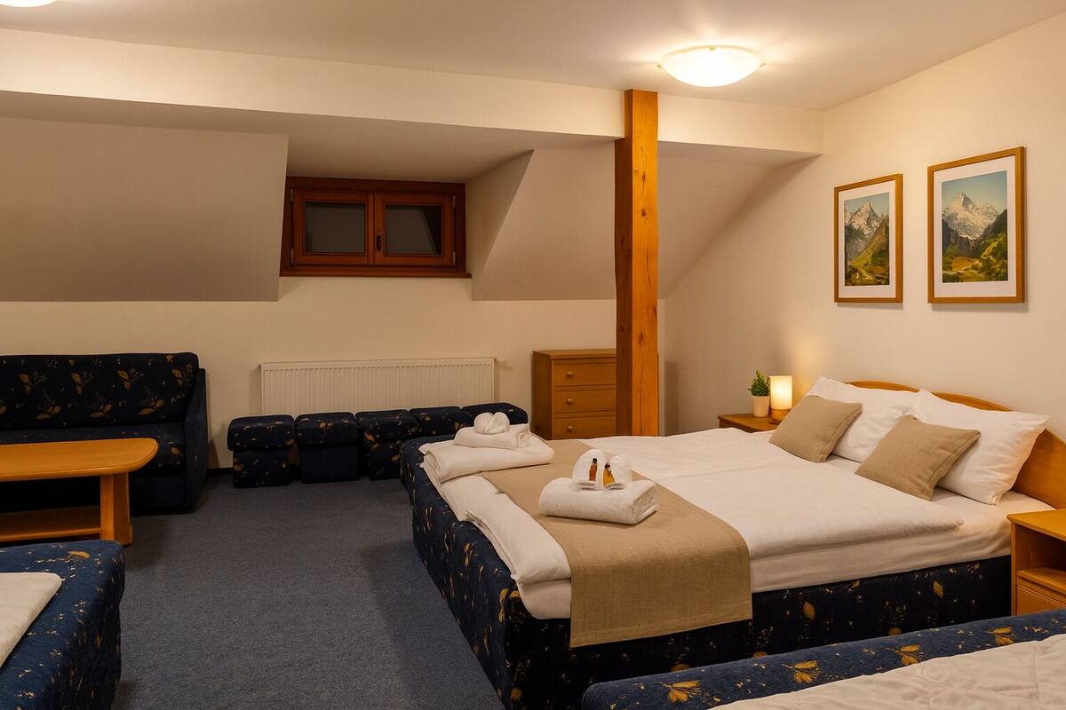 Una habitación de hotel con una cama, un sofá, una mesita de noche de madera y una ventana con vistas a las montañas.