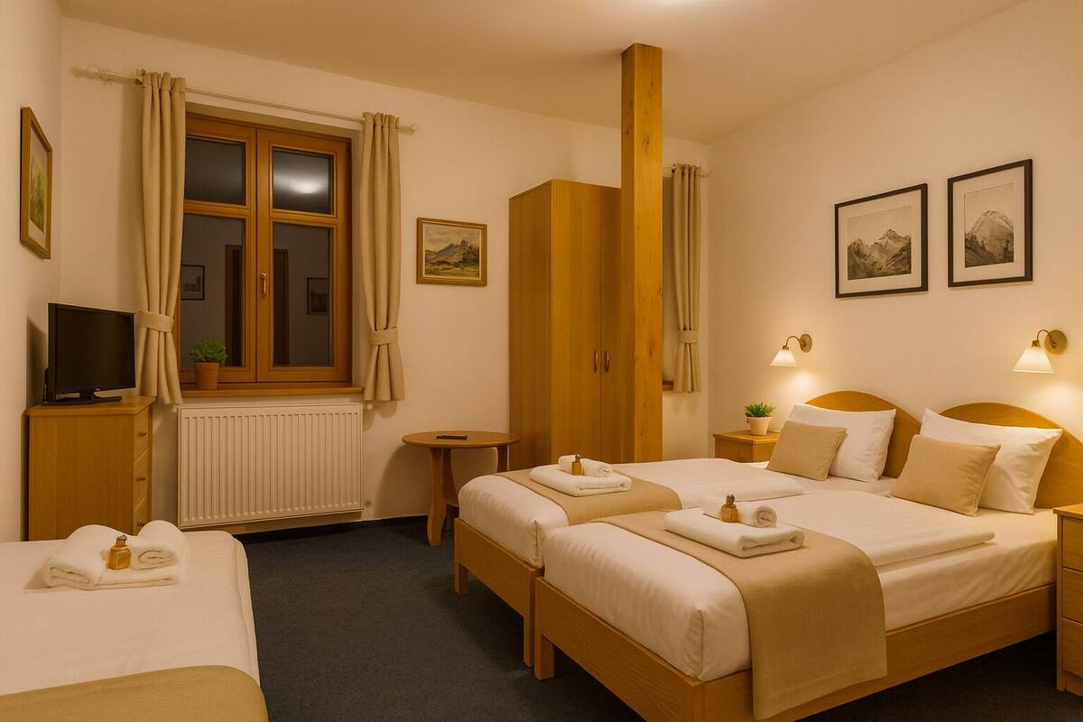 Habitación de hotel con dos camas, televisión, una mesita y ventana con cortinas.