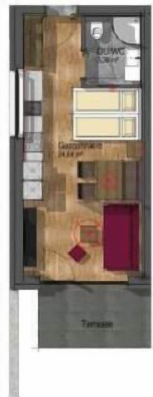 Indeling van een hotelkamer, met een bed, een bureau, een stoel, een kledingkast en een badkamer.