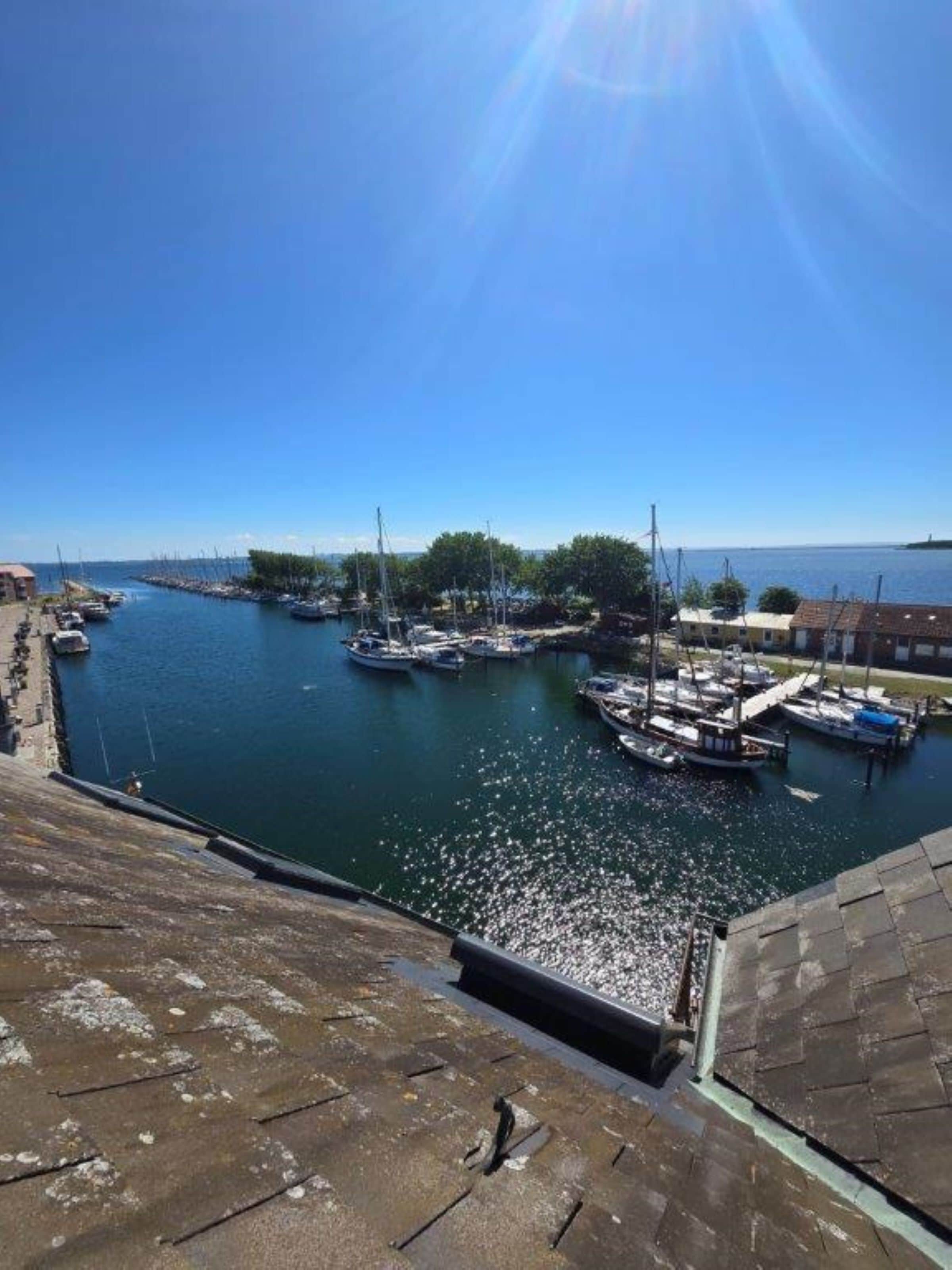 A marina with boats docked, a clear sky, and a distant view of a bridge.