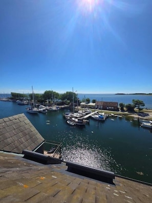 A marina with boats docked, a clear sky, and a distant island. - Toplicht Vacation Rental – Harbor View & Sauna in Orth (Schwanitz) with a Balcony and Lake View (Fehmarn OT Orth)