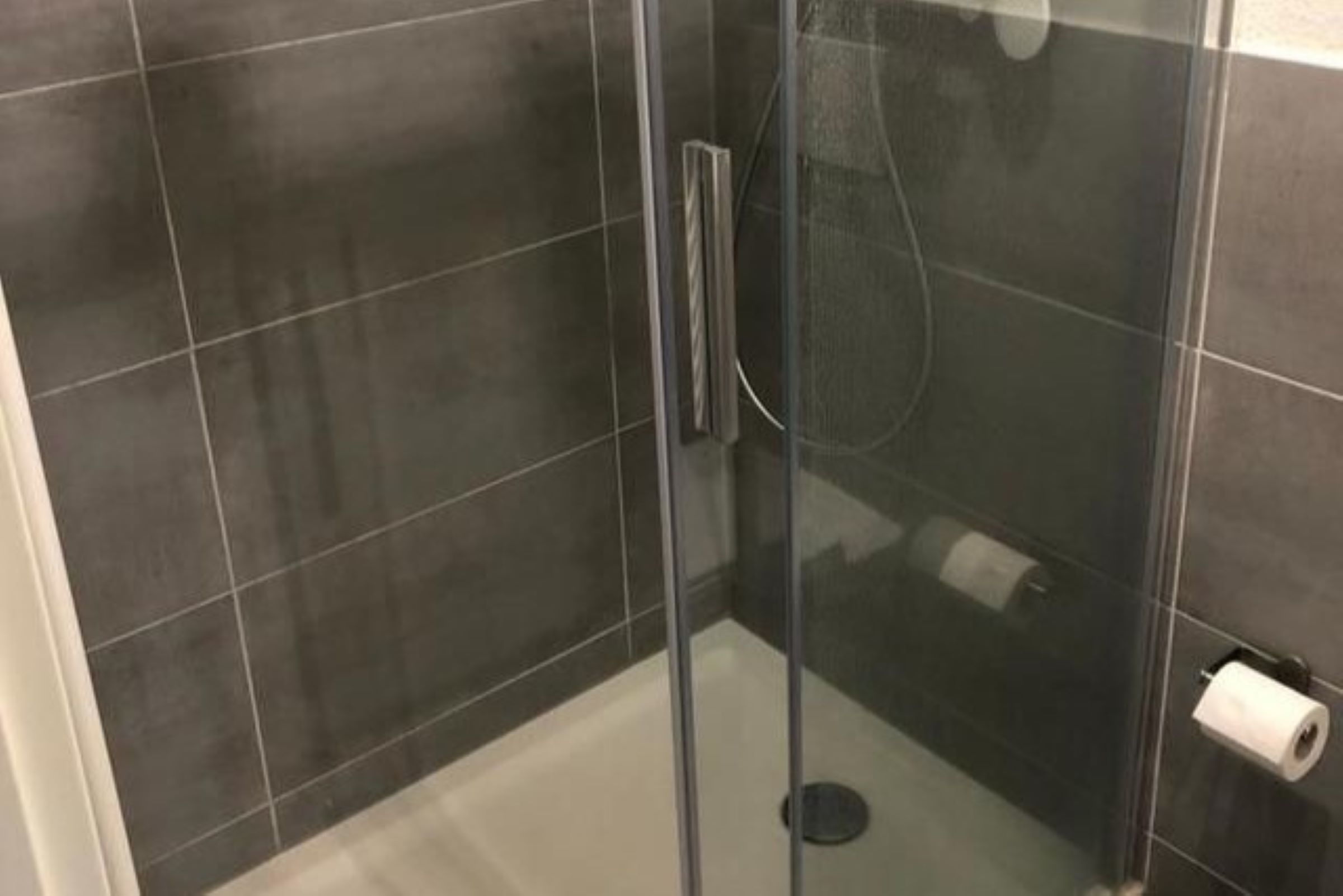 Un box de ducha con paredes de vidrio y un rollo de papel higiénico en la pared.