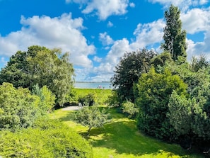 A lush garden with a variety of trees and shrubs, a clear sky, and a body of water in the distance. - Seehaus in Orth on Fehmarn by the sea—filming location for "Schwanitz" (Fehmarn)