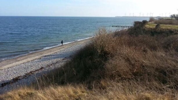 A coastal view with a pebbled beach and a distant pier. - Vacation apartment with sea view on Fehmarn - Seeblick Marienleuchte (Fehmarn)