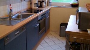 A compact kitchen with grey cabinets, a wooden countertop, a window with a view, and basic appliances. - Vacation apartment with sea view on Fehmarn - Seeblick Marienleuchte (Fehmarn)