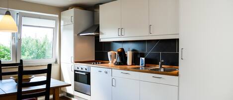 Réfrigérateur, un four, surface de cuisson, lave-vaisselle