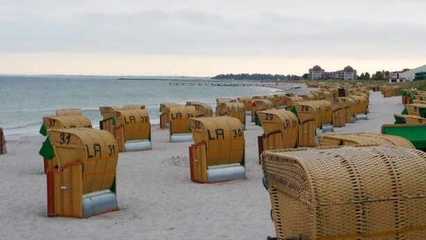 Rows of wicker beach chairs with numbers on them, arranged on a sandy beach with a body of water and a pier in the background. - Relax in the cozy vacation apartment on the Baltic Sea in Fehmarn! (Fehmarn)