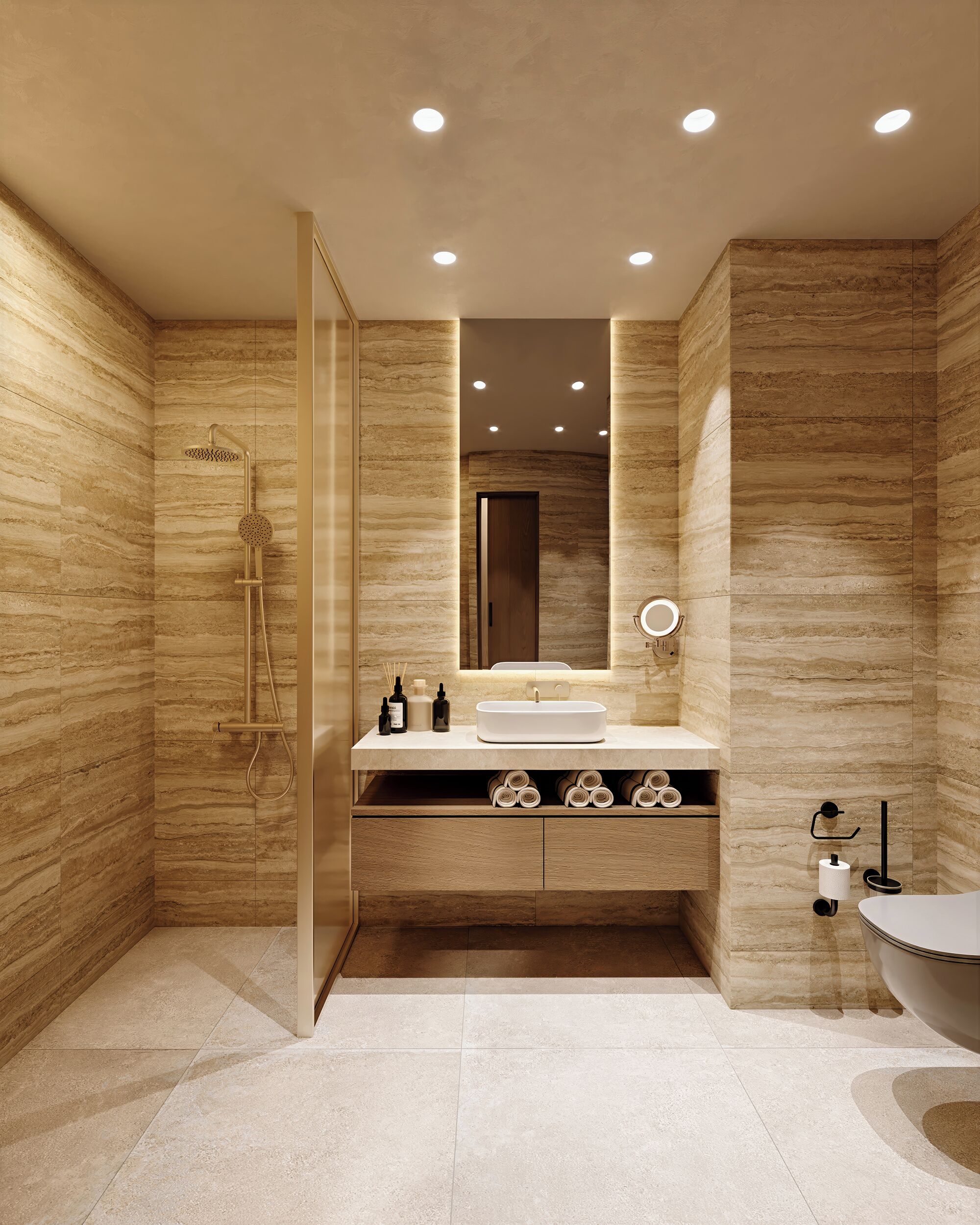 Chuveiro, produtos de toalete grátis, secador de cabelo, chinelos