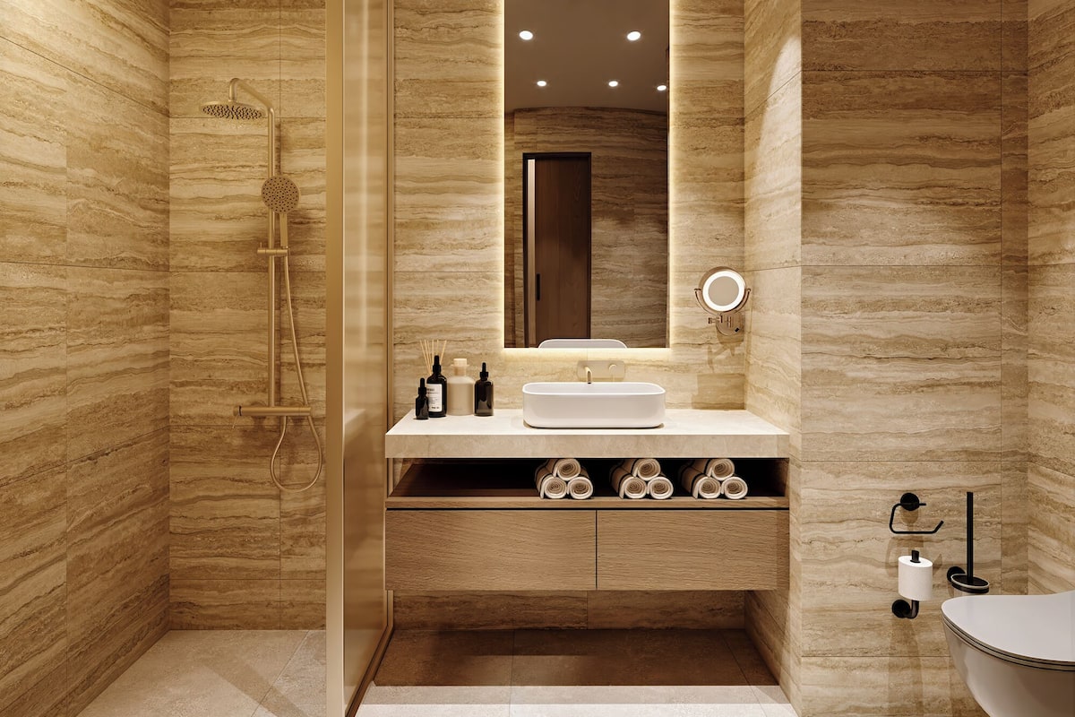 Shower, free toiletries, hair dryer, slippers