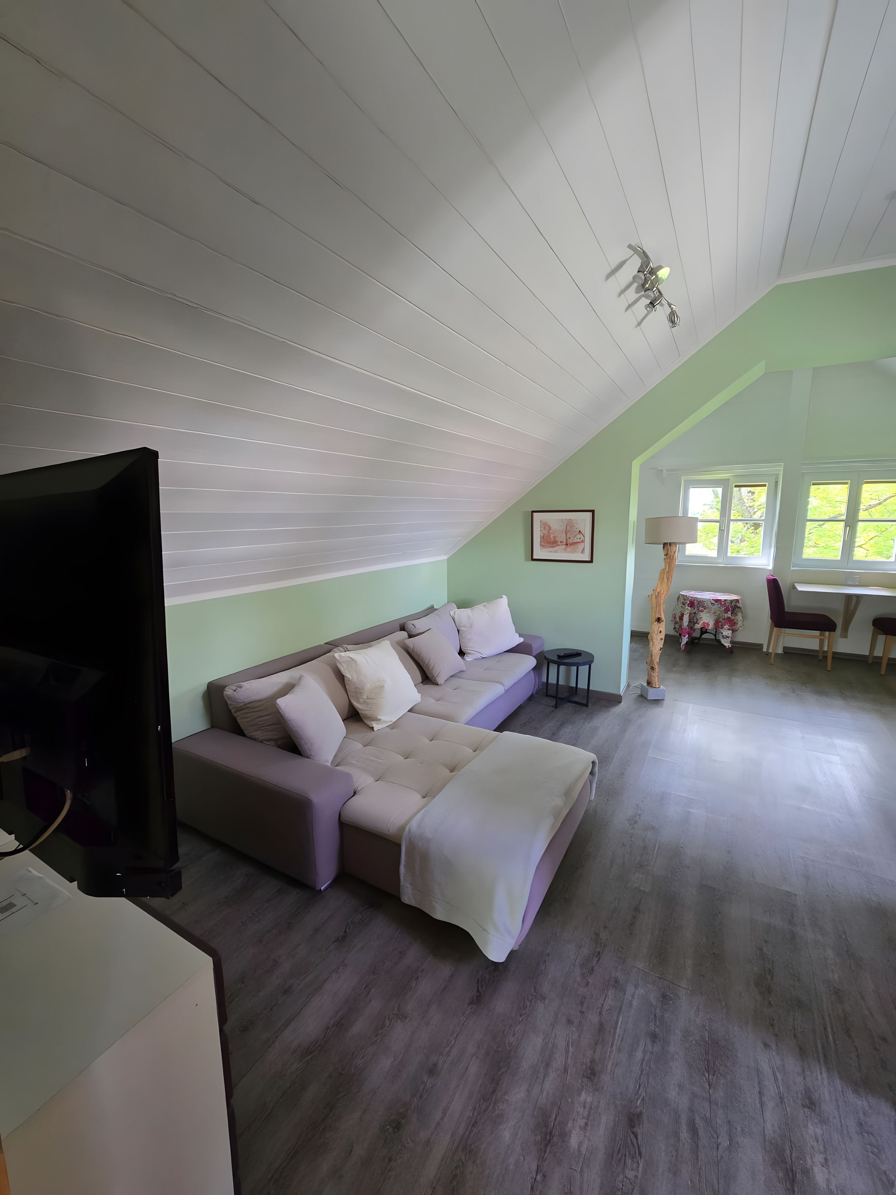 A room with a sectional sofa, a television, a dining table with chairs, and a ceiling fan.