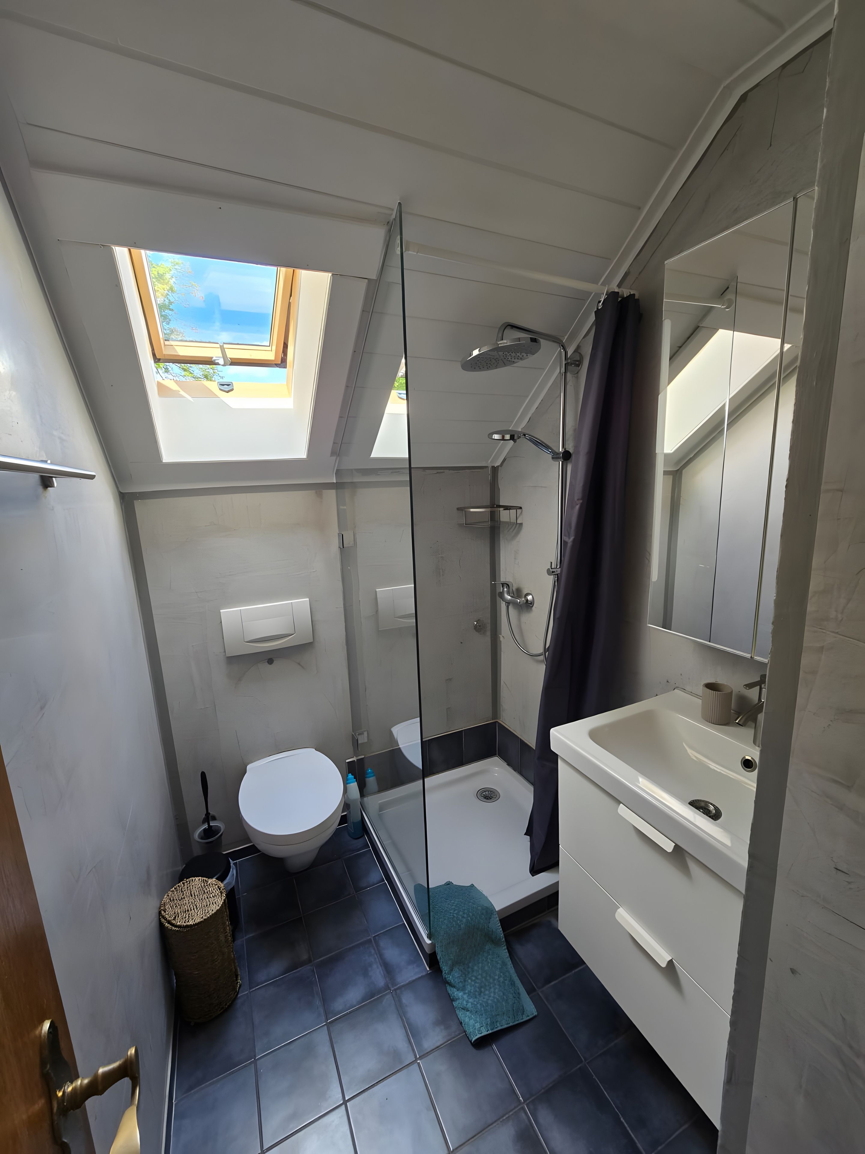 Une salle de bain moderne dotée d’un puits de lumière, d’une douche en verre, de toilettes et d’un lavabo avec un miroir.