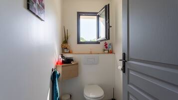 A small bathroom with a toilet, a sink, a mirror, and a window.