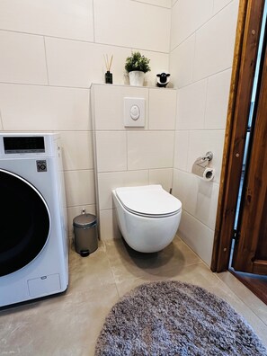 Douche, sèche-cheveux, serviettes fournies, savon