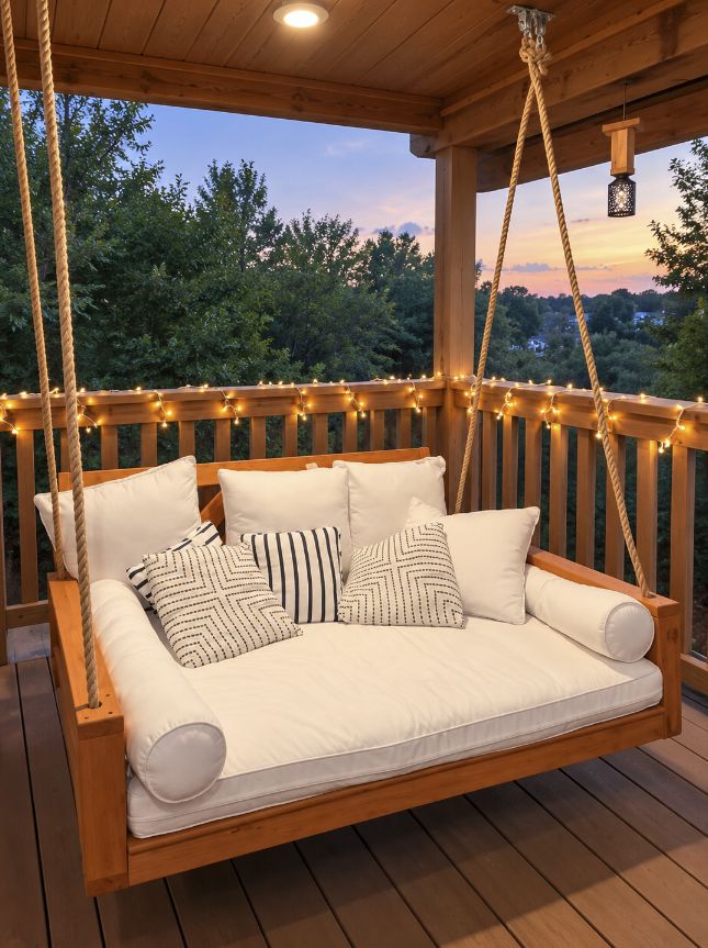 Un lit-balançoire en bois, doté de coussins blancs et d’oreillers à motifs, suspendu au-dessus d’une terrasse illuminée de guirlandes lumineuses.