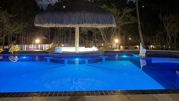 A nighttime swimming pool area with a thatched-roof structure, palm trees, and a moonlit sky. - Pequena Suíça Hotel Boutique (Chacara)