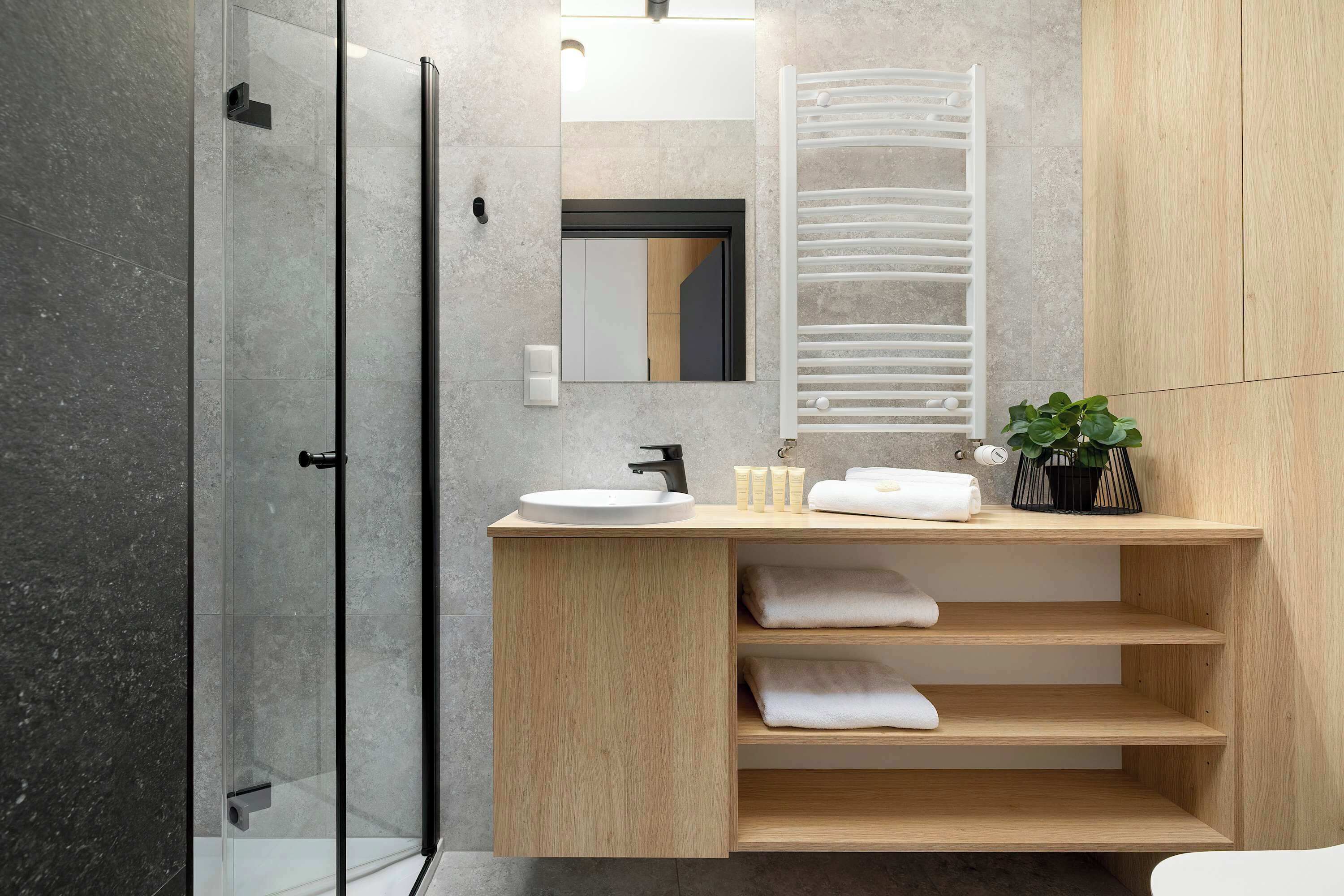 Shower, hair dryer, towels, shampoo