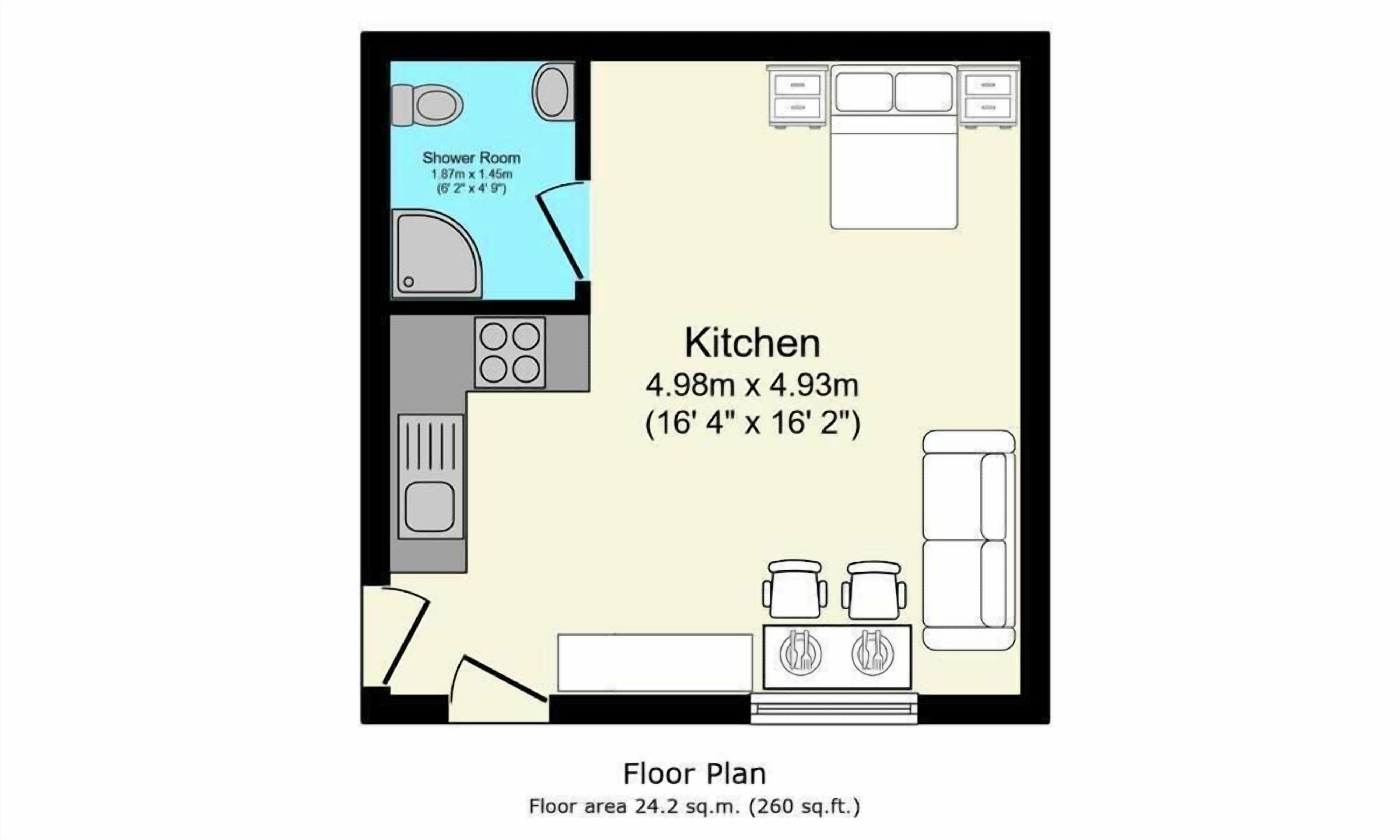 A floor plan of a hotel room with a kitchen, a shower room, and a dining area. The kitchen measures 4.98m x 4.93m, and the shower room measures 1.87m x 1.45m.