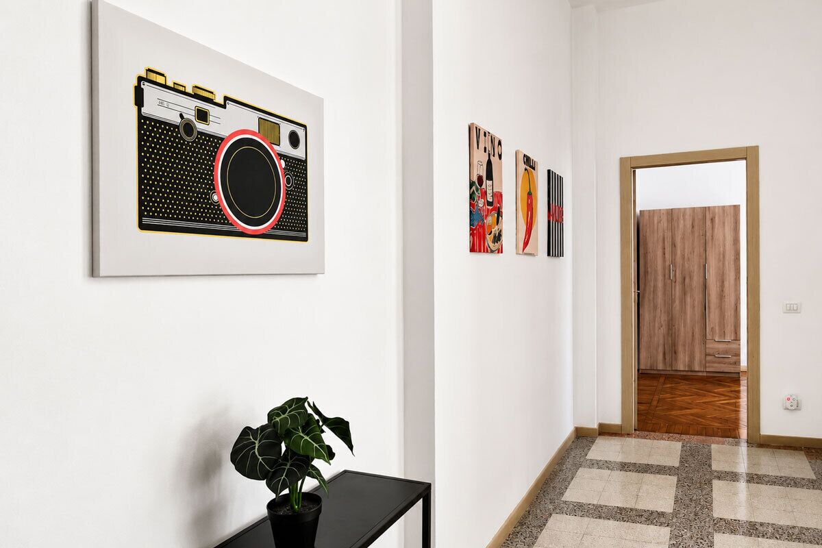 Un corridoio con una pianta in vaso, un quadro con una macchina fotografica e una porta in legno alla fine.