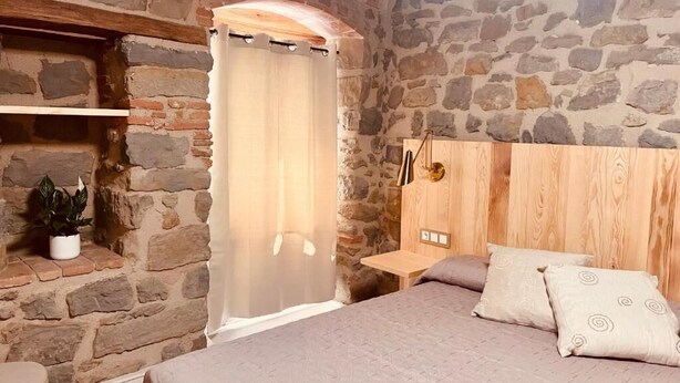 Une chambre avec des murs en pierre, une tête de lit en bois, un lit avec une literie à motifs, une table de chevet et une plante en pot.