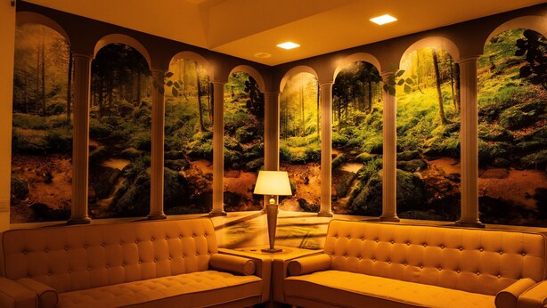 Una stanza con un affresco raffigurante una foresta, due divani, un tavolo con una lampada e una luce a soffitto.