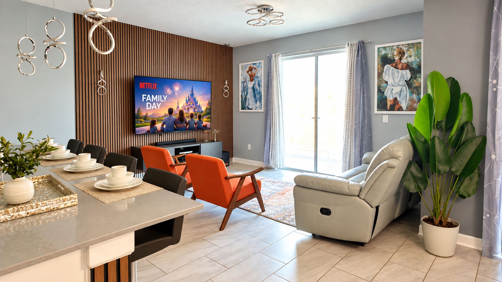 A modern living room with a flat-screen TV, a dining area with a table and chairs, and a large potted plant.