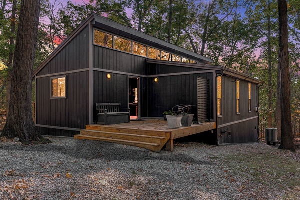 Modern mid-century cabin in The Woods Resort featuring bold dark tones, clean lines, and bright natural light.