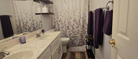 Hair dryer, towels, soap, toilet paper
