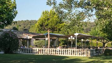 Serveert lunch, diner, Franse gerechten, tuinzicht