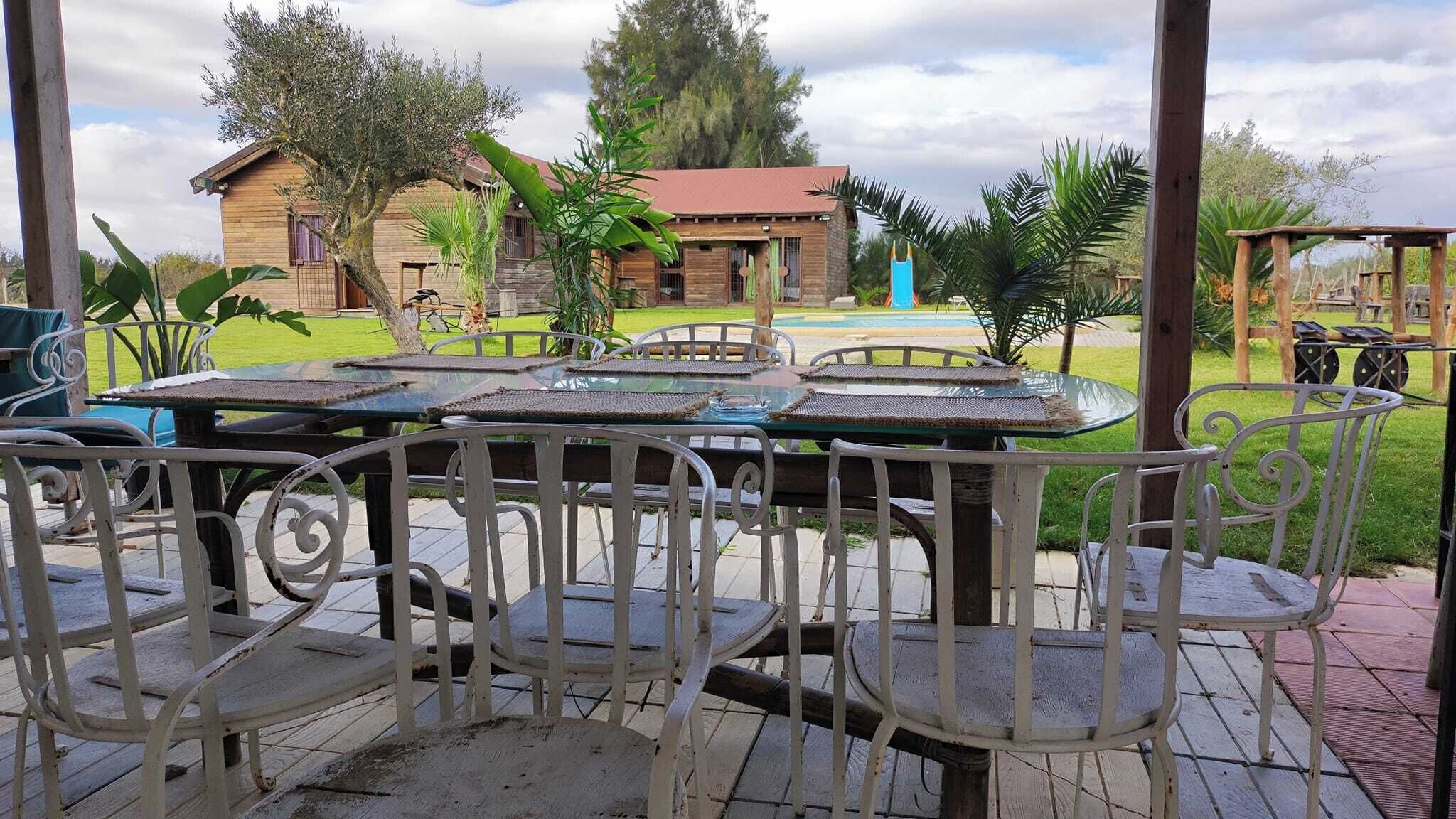 An outdoor patio with a wooden table and metal chairs, surrounded by greenery and a building in the background.