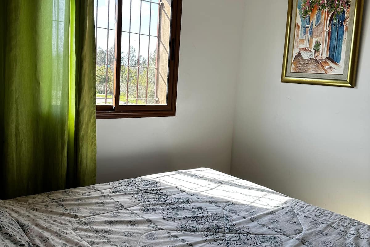 A bedroom with a bed, a window with a view, and a painting on the wall.