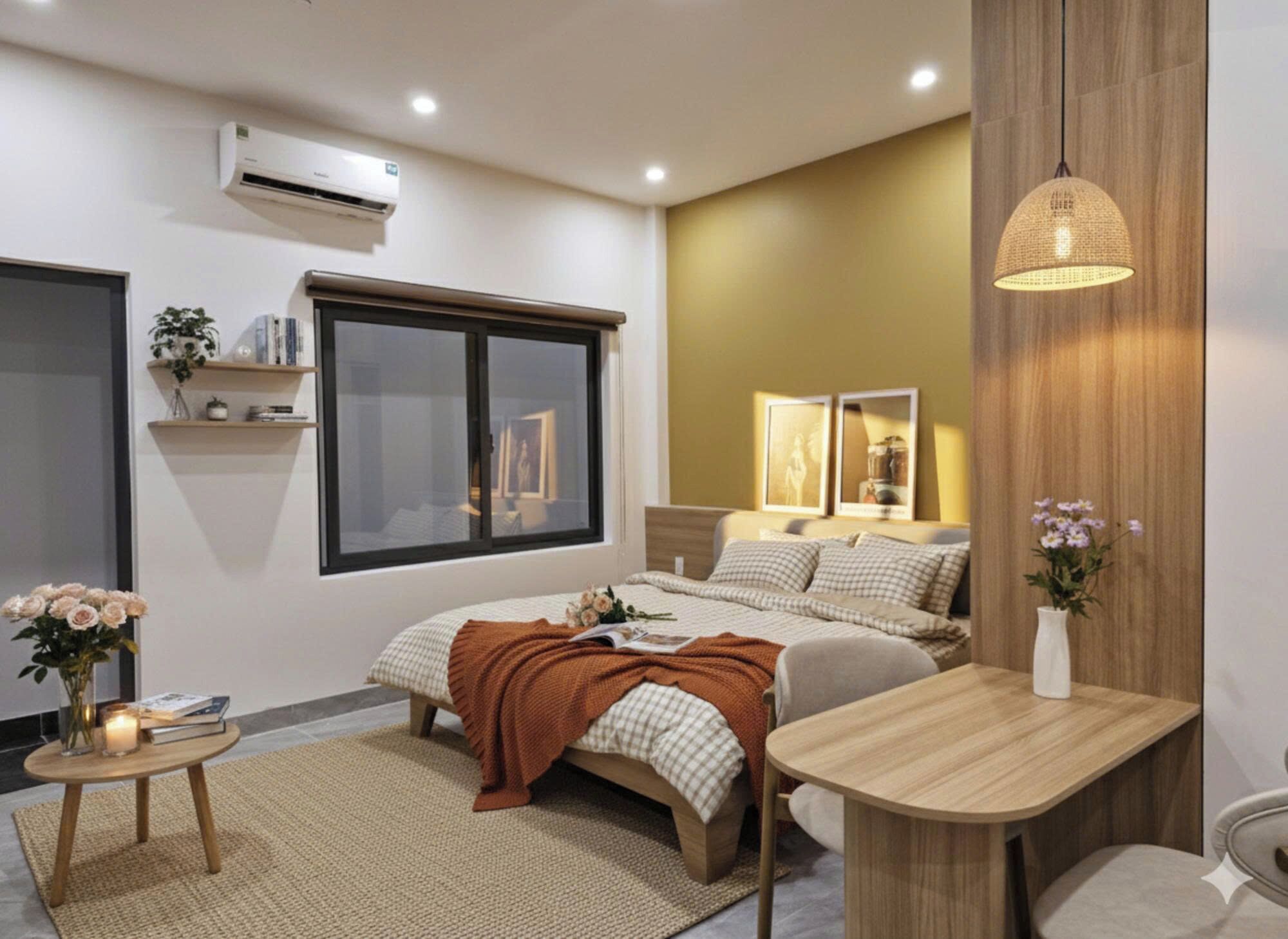 A modern bedroom with a bed, bedside table, and a small table with a vase of flowers.
