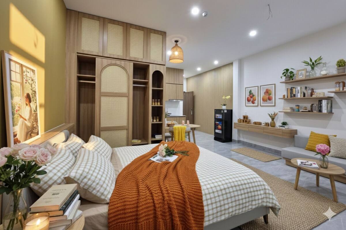 Un dormitorio moderno con una cama grande, un armario, un escritorio y una kitchenette.