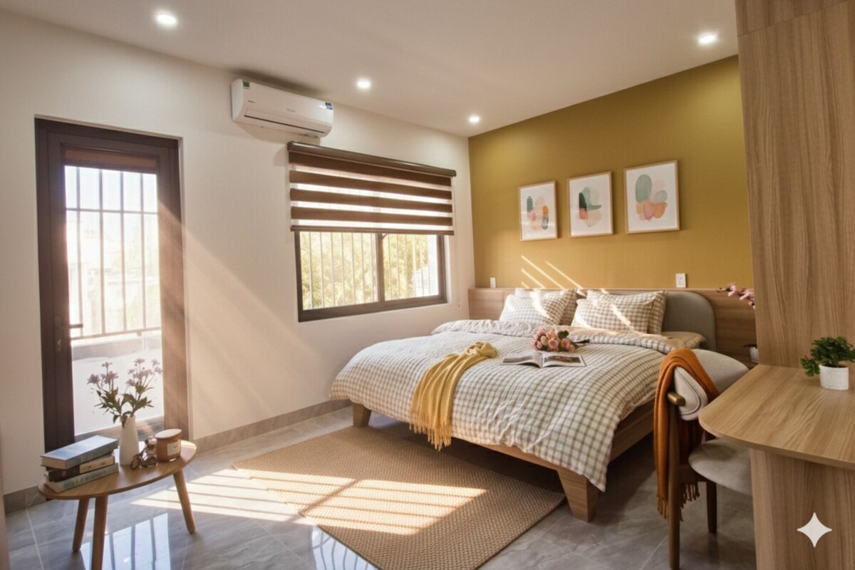 A bedroom with a bed, bedside table, window with blinds, air conditioning unit, and wall art.