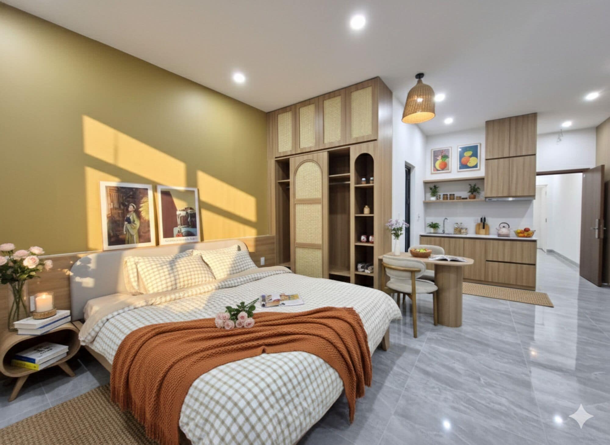 Un dormitorio moderno con una cama grande, mesitas de noche, un escritorio pequeño y un armario empotrado.