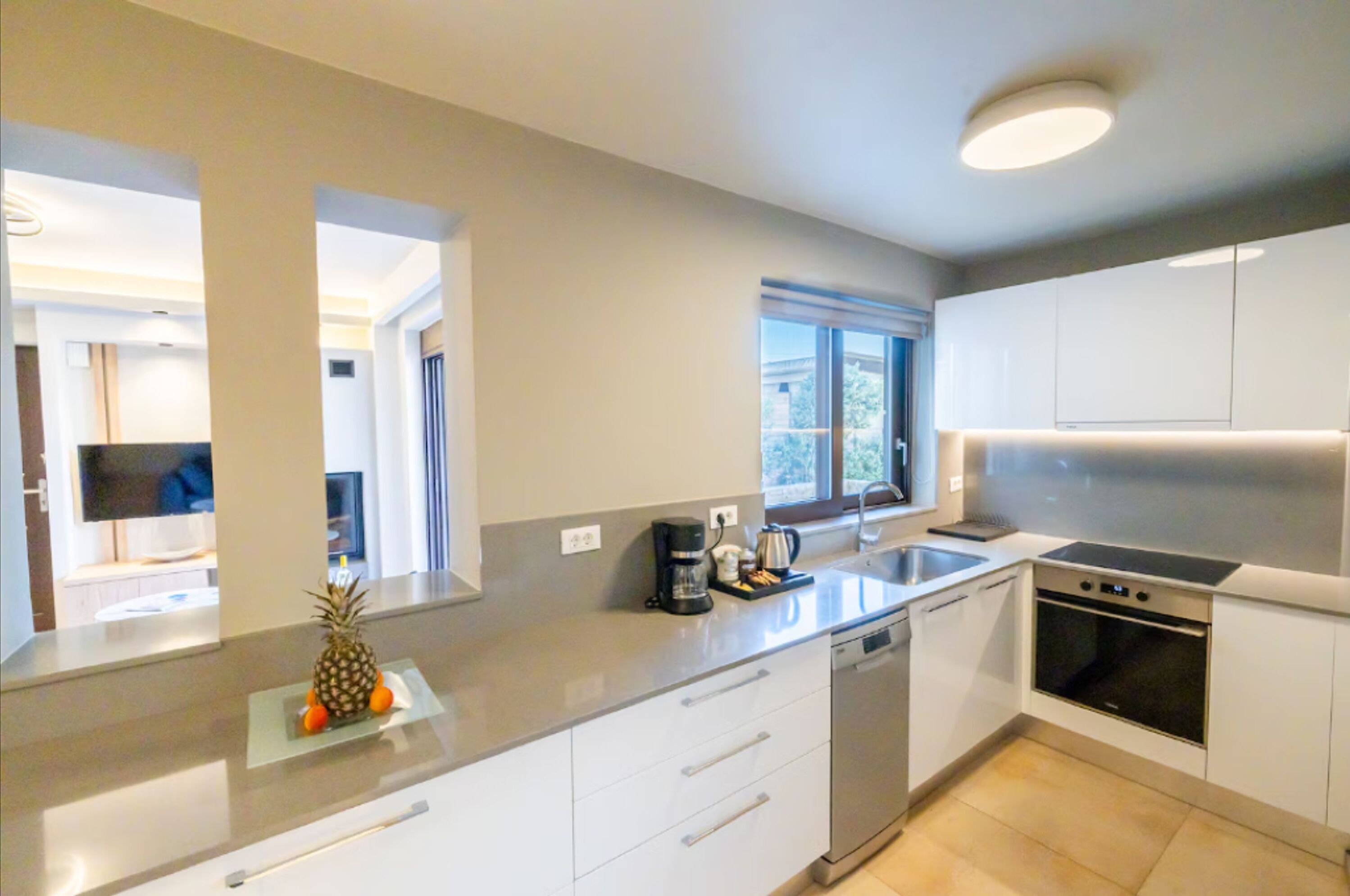 Fridge, oven, coffee/tea maker, toaster