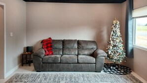 A living room with a gray sofa, a small side table, a Christmas tree, and a patterned rug. - Serene Modern Space on a Pecan Grove near Historic Downtown Abbeville (Abbeville)