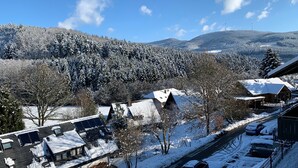 A residential area with houses, a road, and snow-covered trees. - Apartment “Black Forest Brandenkopfblick” with Terrace, Garden and Wi-Fi (Zell)